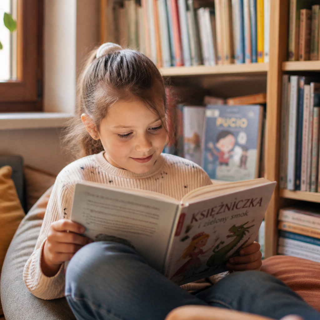 Dziecko czytające książkę w bibliotece