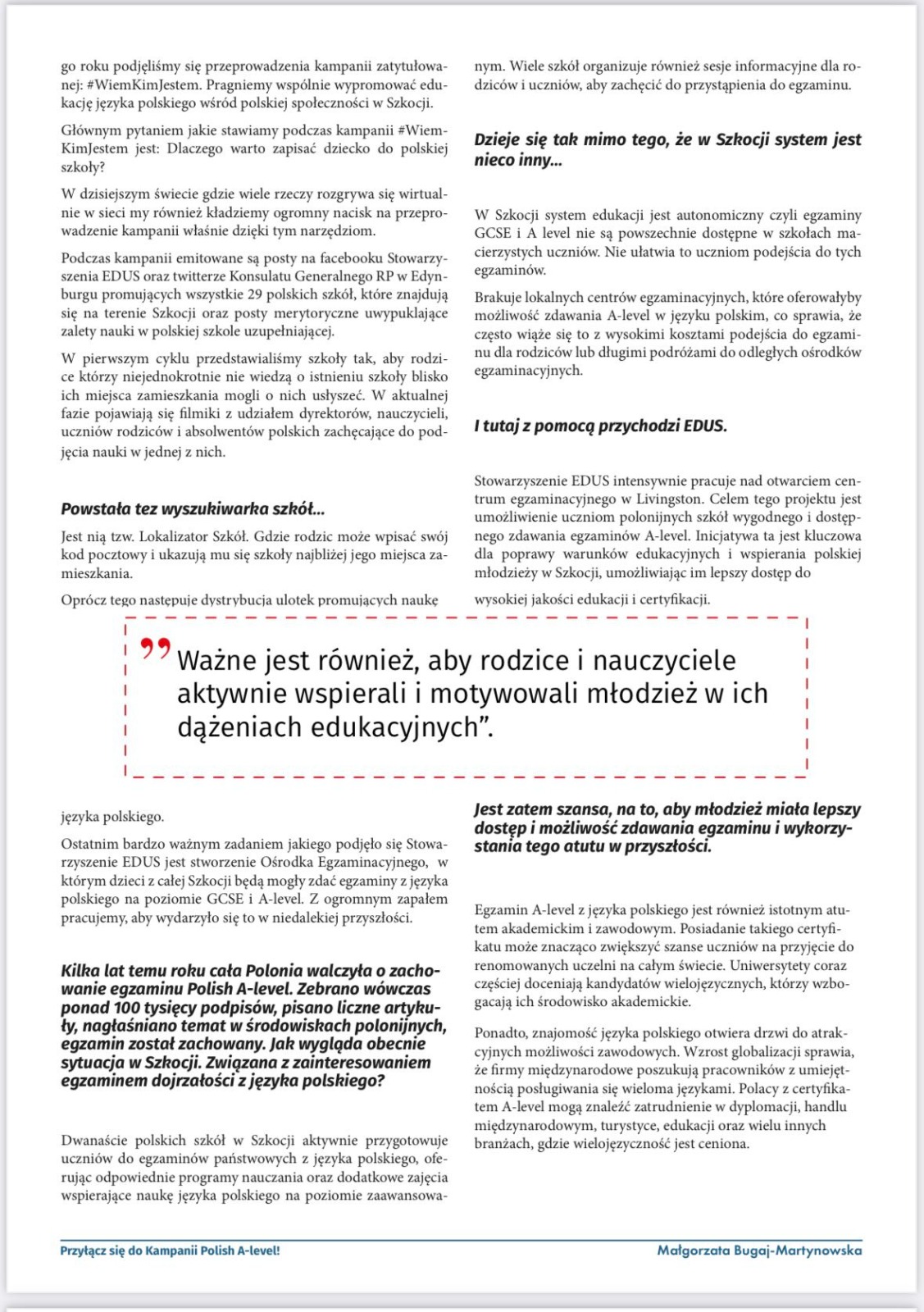 Skan strony 2 wywiadu z dyrektor Pauliną Raniszewską w magazynie Edukator — pedagogika Montessori i dwujęzyczność dzieci polonijnych.